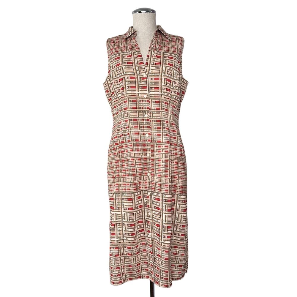 Tape Measure Plaid Shirt Dress Sleeveless Red Tan Button Front Size 8 Retro Geo